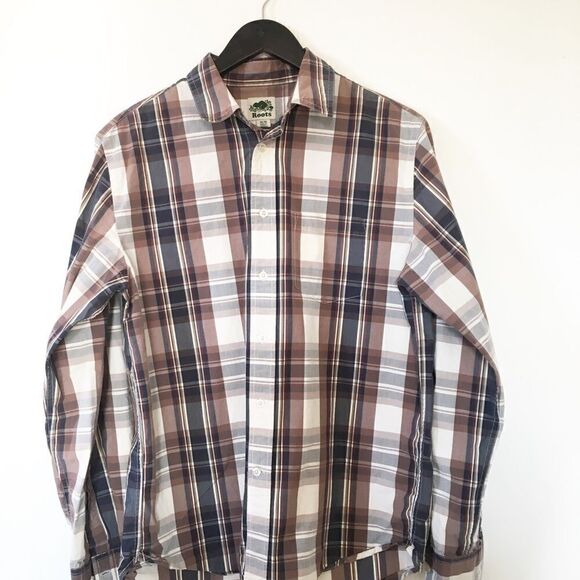 Roots Brown White Plaid Button Down Long Sleeve Shirt - Picture 2 of 5